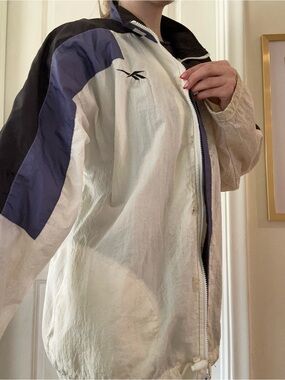 Vintage Reebok White, Navy and Black Retro Track Jacket/Windbreaker